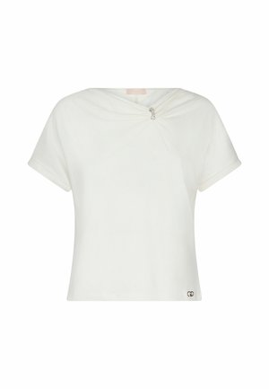T-shirt bianco a maniche corte con una particolare frontale intrecciata e un dettaglio argentato sul collo. Tessuto morbido, vestibilità rilassata, senza fantasie.