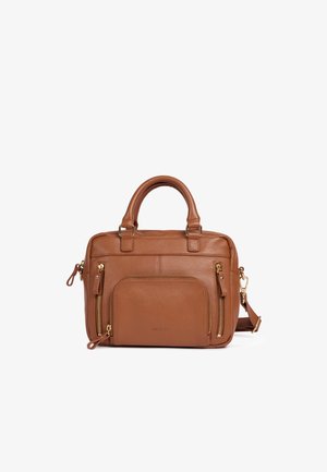 Brown leather handbag with top handles and removable strap. Features zippered compartments and gold-tone hardware. Textured surface.