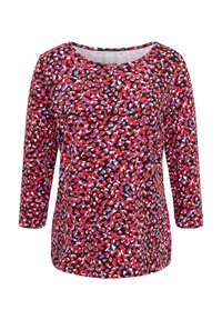 Langärmeliges Shirt mit Rundhalsausschnitt und einem abstrakten Muster aus roten, violetten, weißen und schwarzen unregelmäßigen Formen.