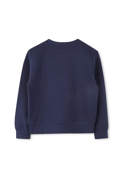 Felpa blu navy, tessuto morbido, scollatura a girocollo, polsini e orlo a costine, design minimalista, senza loghi o motivi visibili sul retro.