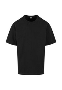 Zwarte katoenen T-shirt met een klassieke ronde hals, korte mouwen en een losse pasvorm. Soepele textuur, eenvoudig ontwerp, geen patronen of accenten.
