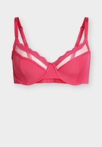 Rózsaszín merevítős melltartó csipkés szegéllyel és áttetsző hálós betétekkel, állítható pántokkal és kampós kapoccsal egyszínű háttéren.