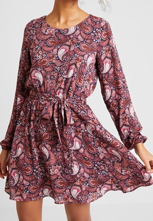 Femme portant une robe à manches longues, longueur genou, avec un motif cachemire rose et marron et une ceinture nouée à la taille.