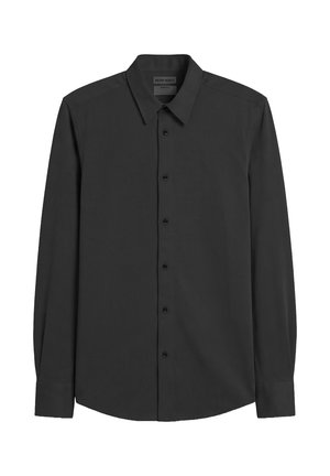 Camicia nera a maniche lunghe con bottoni, colletto appuntito e polsini, caratterizzata da una vestibilità slim e una texture del tessuto liscia.