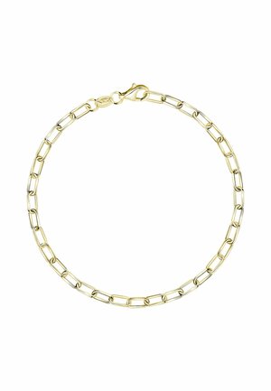 Guldkædearmbånd med forlængede rektangulære led og en krabbe-lukning på en hvid baggrund.