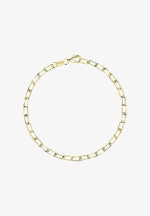 Bracciale in oro con anelli rettangolari allungati e chiusura a moschettone su sfondo bianco.