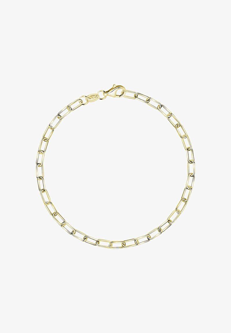 Bracciale in oro con anelli rettangolari allungati e chiusura a moschettone su sfondo bianco.