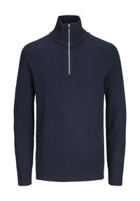 Pull-over en maille côtelée bleu marine avec un col haut et une demi-fermeture éclair, doté de manches longues et d'une finition texturée.