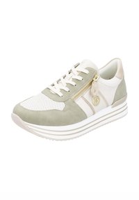 Light green and white sneaker featuring suede and perforated panels, round toe, lace-up front, side zipper, and striped sole.