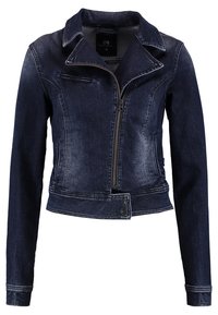 Dark blue denim jacket with a fitted design, notched collar, front zip closure, and buttoned hem. Features two side pockets and faded texture.