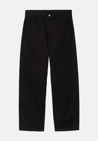 Pantalones de mezclilla negros con un corte relajado. Cuenta con cinco bolsillos, un cierre frontal con botón y una textura suave. Sin patrones o acentos visibles.