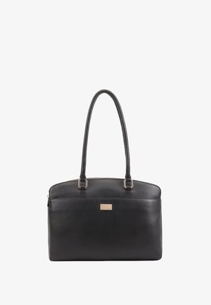 Schwarze Lederhandtasche mit glatter Textur, rechteckiger Form, zwei langen Tragegriffen und goldfarbenen Hardware-Akzenten auf der Vorderseite.