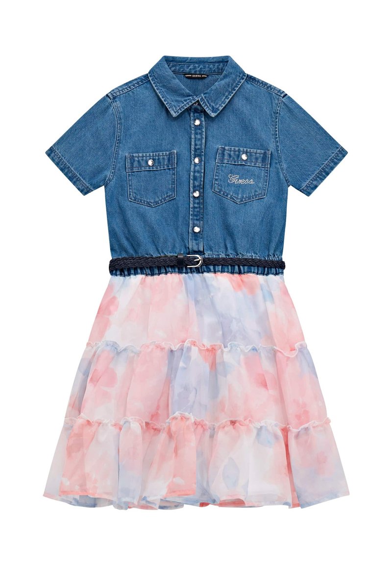 Denim shirt dress featuring a blue top with short sleeves and two chest pockets, and a flowing, tiered skirt in pink and light blue hues.