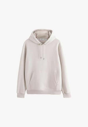 Vaaleanharmaa huppari, joka on valmistettu pehmeästä kankaasta. Siinä on suuri etutasku, säädettävä nyöripäällinen ja ribbireunat.