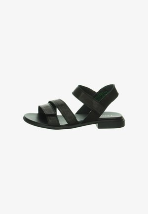 Schwarze Ledersandalen mit zwei vorderen Riemen und einem Rückriemen, flacher Sohle mit minimalistischem Design und strukturierter Oberfläche.