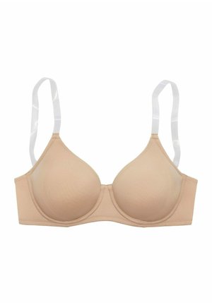 Béžová vycpaná podprsenka s hladkým materiálem, zaoblenými košíčky a nastavitelními průhlednými ramínky. Disponuje jednoduchým designem a bezpečným zapínáním na zadní straně.