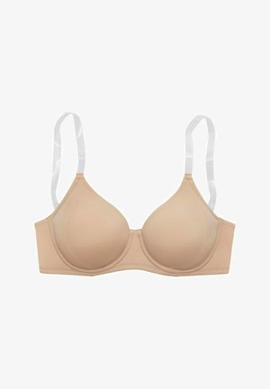Beige gepolsterter BH aus glattem Stoff, mit runden Cups und verstellbaren durchsichtigen Trägern. Hat ein schlichtes Design und einen sicheren Verschluss auf der Rückseite.