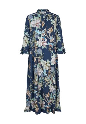 Blomstret maxi-kjole i navy med trekvartærmer, featuring en krave, samlet bryst og en fløjlsblød silhuet prydet med farverige botaniske tryk.