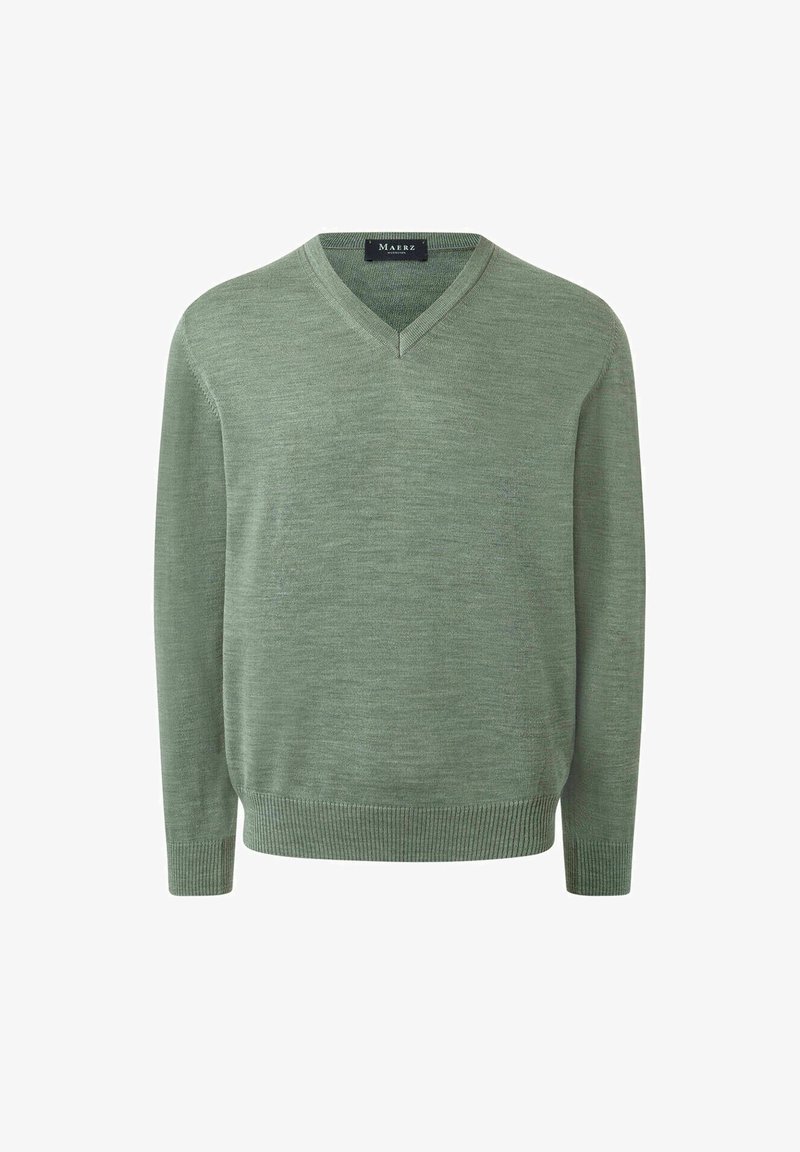 V-neck sweater in light green, made of soft material. Long sleeves with ribbed cuffs and hem. Smooth texture without patterns or accents.