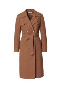 Brązowy wełniany płaszcz z podwójnym zapięciem, dużymi klapami i paskiem. Zauważalne złote guziki i akcenty na mankietach. Gładka tekstura.