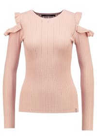 Top lungo a maniche, di colore rosa, con design a spalle scoperte, caratterizzato da rouches e righe verticali; tessuto morbido con una silhouette aderente.