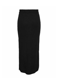Jupe midi noire en maille côtelée avec taille haute et fente latérale sur fond blanc.