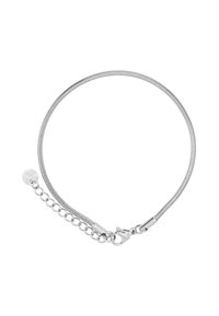 Bracciale in metallo argento dal design flessibile e serpentino, con una piccola sfera decorativa e un'estensione a catena con chiusura a scatto.