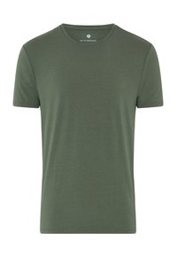 Olivengrøn bomulds T-shirt med korte ærmer, rund halsudskæring og en glat tekstur. Har et logo mærke på kraven.