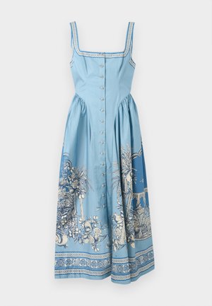 Light blue midi dress with white floral patterns, square neckline, button-down front, and gathered skirt panels.