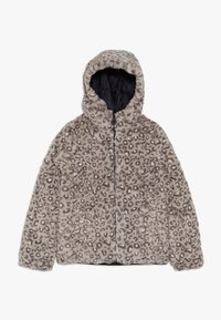 Hooded jack met een beige en bruin luipaardprint, lange mouwen, een ritssluiting aan de voorkant en zijzakken, gemaakt van zachte nepbont.
