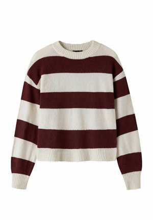 Pull en maille à manches longues avec larges rayures horizontales bordeaux et crème, doté d'un col, de poignets et d'un ourlet côtelés.