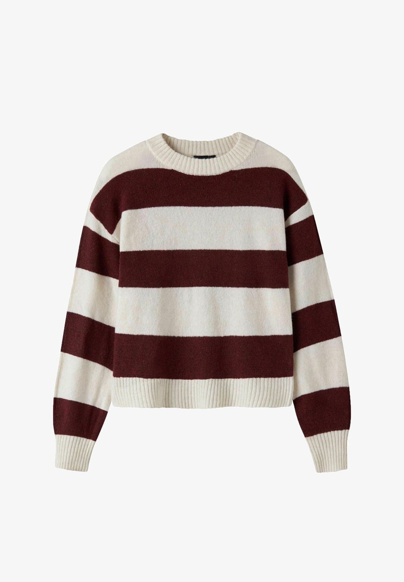 Pull en maille à manches longues avec larges rayures horizontales bordeaux et crème, doté d'un col, de poignets et d'un ourlet côtelés.