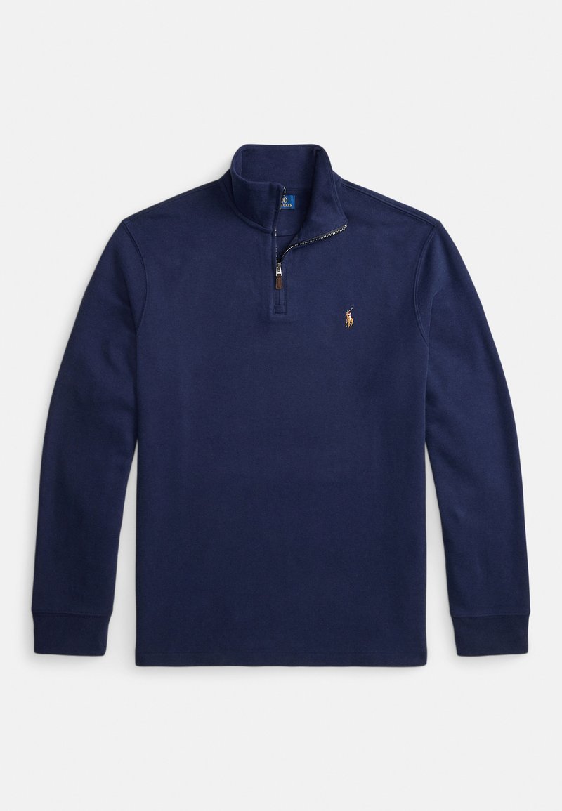 Navy blue long-sleeve pullover with quarter-zip collar and small embroidered polo player logo on the left chest.