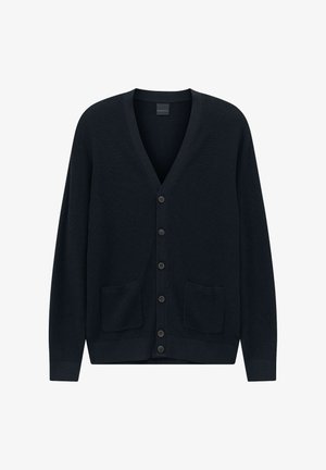 Marineblauer Cardigan mit V-Ausschnitt, Knopfleiste, geripptem Muster und zwei Fronttaschen. Hergestellt aus weichem Strickmaterial.