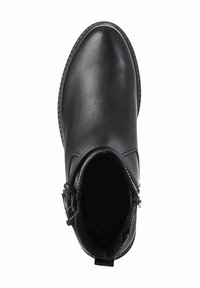 Bottines noires en cuir lisse, à bout arrondi, fermeture zippée sur le côté et accent de boucle décoratif. Doublure intérieure en velours visible.