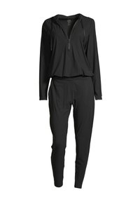 Czarny sportowy kombinezon z długimi rękawami, zamkiem z przodu oraz regulowanym kapturem. Wykonany z gładkiego, lekkiego materiału o luźnym kroju.