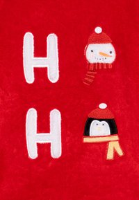 Red fabric featuring two white embroidered letters "H" with a snowman and penguin in winter hats beside them. The texture is soft and plush.