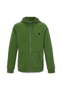 Grüne Zip-Hoodie aus Baumwolle. Verfügt über eine Kapuze mit Kordelzug, zwei vordere Taschen und ein kleines schwarzes Logo auf der Brust.