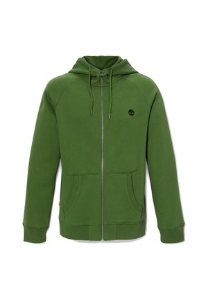 Grüne Zip-Hoodie aus Baumwolle. Verfügt über eine Kapuze mit Kordelzug, zwei vordere Taschen und ein kleines schwarzes Logo auf der Brust.