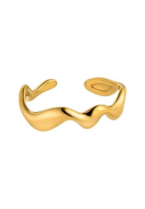 Goldfarbener offener Armreif mit wellenförmigem, abstraktem Design und glatter, polierter Oberfläche auf weißem Hintergrund.