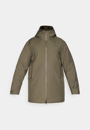 Olivově zelená nepromokavá bunda se zipovým předním uzavřením, nastavitelnou kapucí a dvěma bočními kapsami. Hladký povrch s elegantním designem.