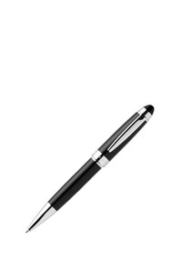 Black ballpoint pen with a glossy finish, silver accents, and a streamlined shape. Features a clip and a smooth, rounded tip.