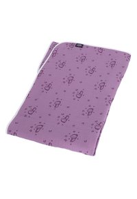 Purple muslin blanket with a white trim, featuring printed whimsical characters and stars in a repeating pattern. Soft, textured fabric.