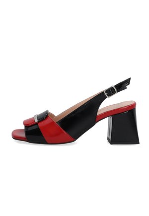 Black and red synthetic slingback heels with a square block heel, featuring a shiny finish and a buckle accent on the front strap.