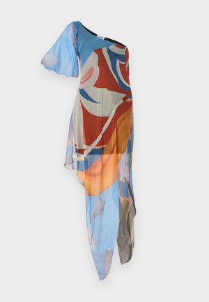 Asymmetrische jurk met één schouder, gemaakt van vloeiende, doorschijnende stof, met abstracte multicolor patronen in blauw, rood, oranje en beige tinten.