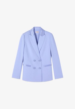 Light blue double-breasted blazer with structured lapels, two front pockets, and smooth fabric texture. Satin finishes accentuate the design.