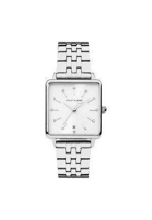Silver square watch with a white face, crystal hour markers, and a date indicator. Features a polished metal band with rectangular links.