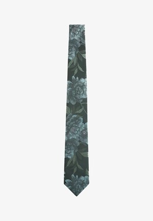 Dark green necktie with large blue-gray floral pattern and green leaves, laid flat on white background.