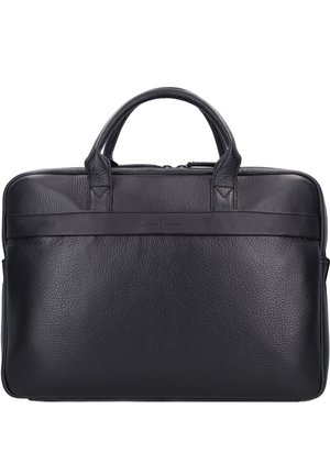 Black leather laptop bag featuring a smooth texture, zip closure, dual handles, and a front strap with a subtle logo detail.