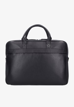 Schwarze Leder-Laptoptasche mit glatter Textur, Reißverschluss, zwei Griffen und einem vorderen Riemen mit dezentem Logo-Detail.